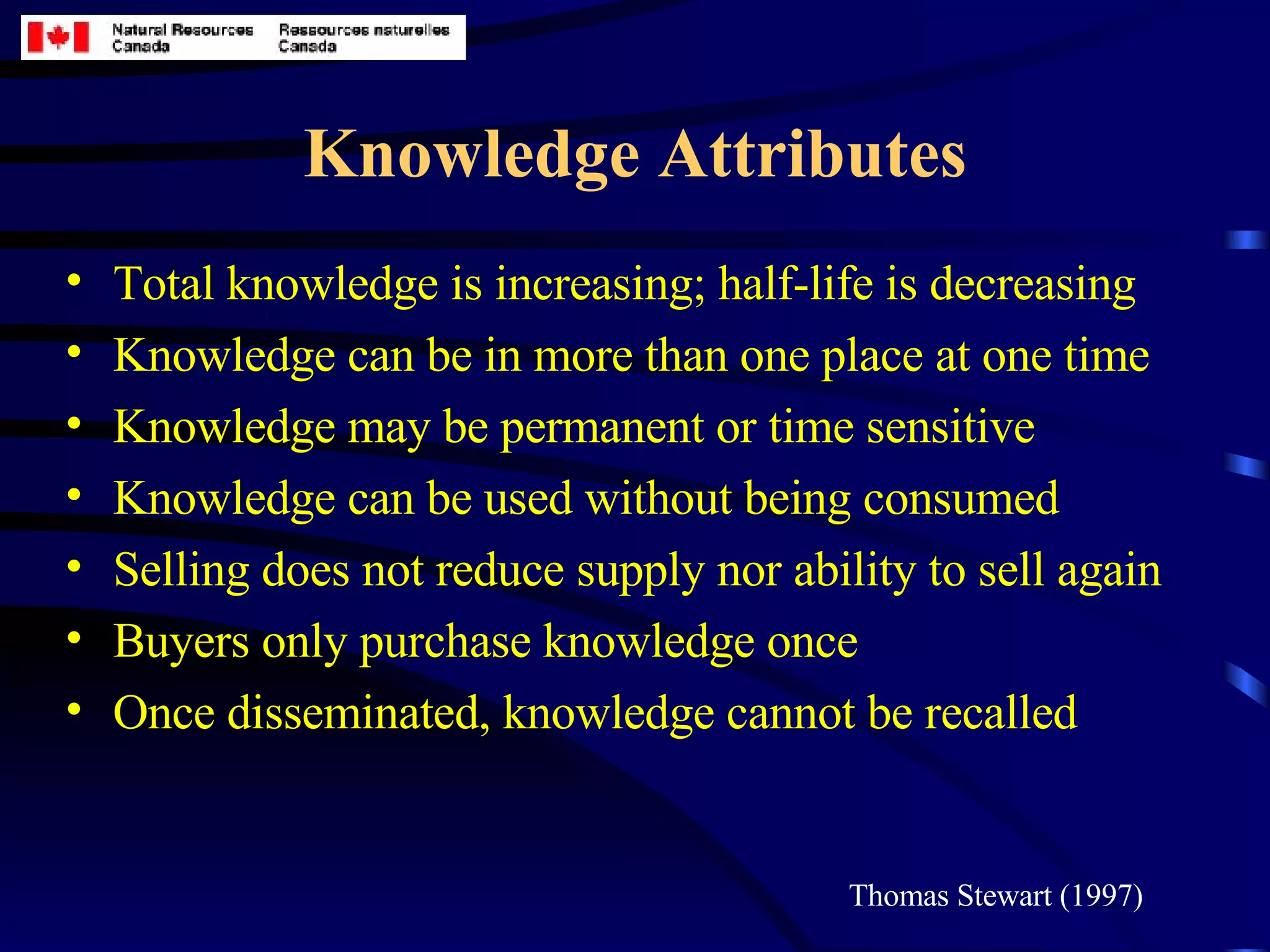 Knowledge Attributes Total knowledge is increasing; half-life is decreasing Knowledge can be in more than one place at one time Knowledge may be permanent or time sensitive Knowledge can be used without being consumed Selling does not reduce supply nor ability to sell again Buyers only purchase knowledge once Once disseminated, knowledge cannot be recalled Thomas Stewart (1997) 