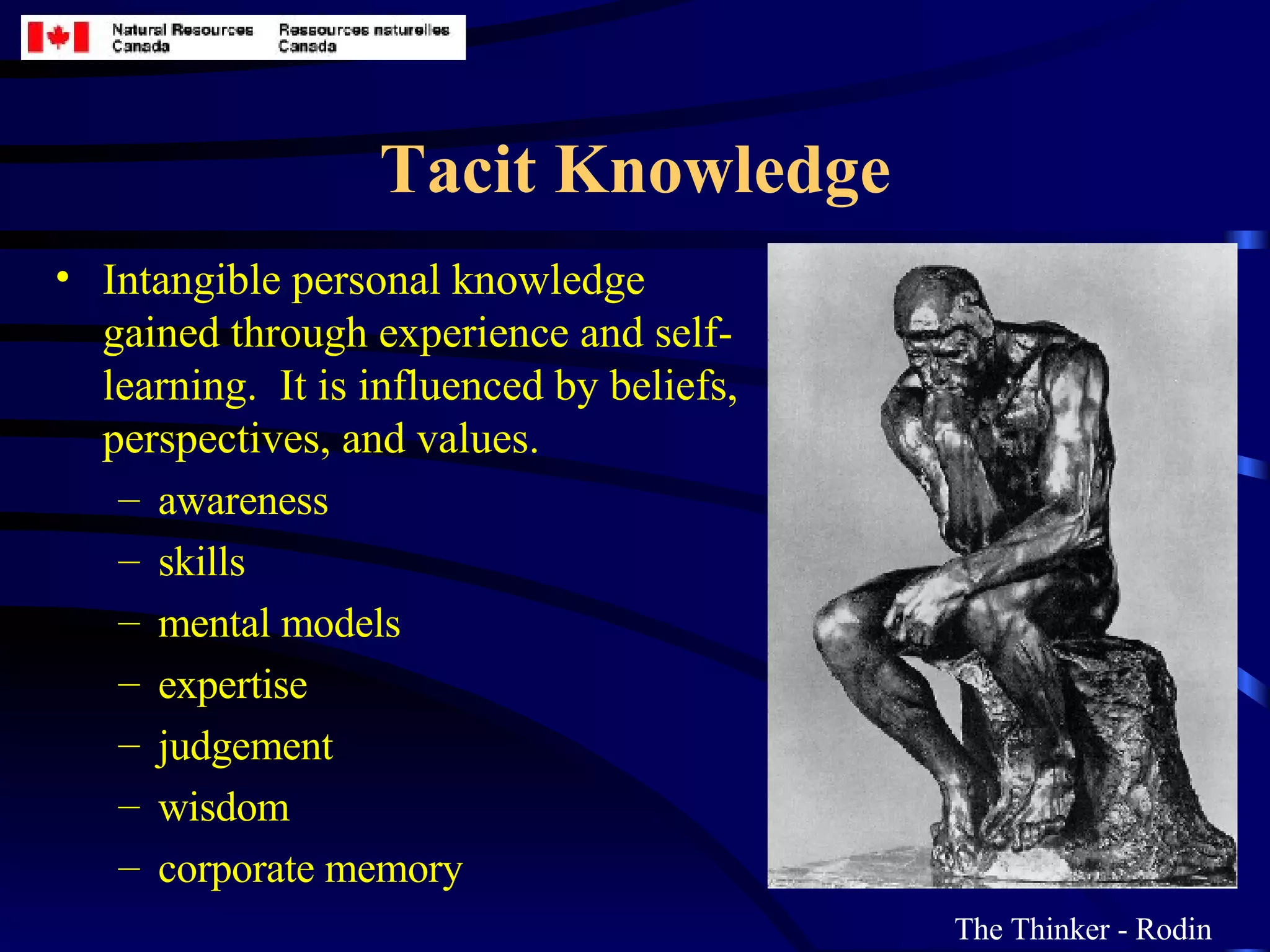 Tacit Knowledge Intangible personal knowledge gained through experience and self-learning.  It is influenced by beliefs, perspectives, and values.  awareness skills mental models expertise judgement wisdom corporate memory The Thinker - Rodin 