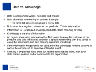 Data vs. Knowledge Data is unorganized words, numbers and images Data alone has no meaning or context. Example:  The name Bob Jones in a database is merely data Bob Jones is a regular customer of our products.  This is information Information is  - organized or categorized data. It has meaning or value Knowledge is the  use  of information An organization using information that Bob Jones is a regular customer of our products and take initiative to establish a special relationship with Bob Jones is using the information and thus creating customer knowledge If the information we gained is not used, then the knowledge remains passive. It cannot be considered as an active intangible asset Similarly if employees have skills but he/she does not  use  them, then such skills remain passive and of no benefit to the organization 