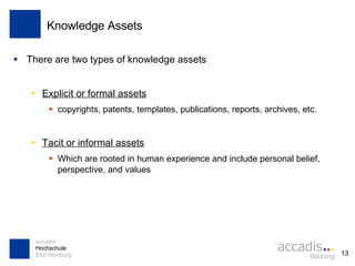 Knowledge Assets There are two types of knowledge assets  Explicit or formal assets   copyrights, patents, templates, publications, reports, archives, etc. Tacit or informal assets   Which are rooted in human experience and include personal belief, perspective, and values 