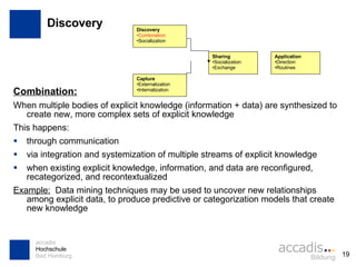 Discovery Combination:   When multiple bodies of explicit knowledge (information + data) are synthesized to create new, more complex sets of explicit knowledge This happens: through communication via integration and systemization of multiple streams of explicit knowledge when existing explicit knowledge, information, and data are reconfigured, recategorized, and recontextualized Example:   Data mining techniques may be used to uncover new relationships among explicit data, to produce predictive or categorization models that create new knowledge Discovery Combination Socialization Capture Externalization Internalization Sharing Socialization Exchange Application Direction Routines 