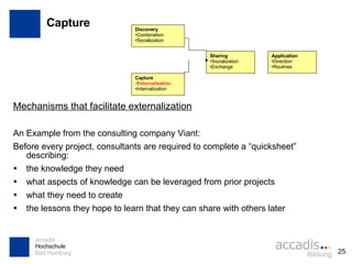 Capture Mechanisms that facilitate externalization An Example from the consulting company Viant: Before every project, consultants are required to complete a “quicksheet” describing: the knowledge they need what aspects of knowledge can be leveraged from prior projects what they need to create the lessons they hope to learn that they can share with others later Discovery Combination Socialization Capture Externalization Internalization Sharing Socialization Exchange Application Direction Routines 