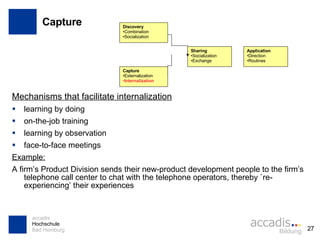 Capture Mechanisms that facilitate internalization learning by doing on-the-job training learning by observation face-to-face meetings Example: A firm’s Product Division sends their new-product development people to the firm’s telephone call center to chat with the telephone operators, thereby `re-experiencing’ their experiences Discovery Combination Socialization Capture Externalization Internalization Sharing Socialization Exchange Application Direction Routines 