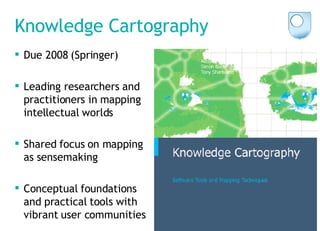 Knowledge Cartography Due 2008 (Springer) Leading researchers and practitioners in mapping intellectual worlds Shared focus on mapping as sensemaking Conceptual foundations and practical tools with vibrant user communities 