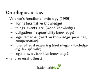 Ontologies in law
-  Valente’s functional ontology (1995):
-  norms (normative knowledge)
-  things, events, etc. (world knowledge)
-  obligations (responsibility knowledge)
-  legal remedies (reactive knowledge: penalties,
compensation)
-  rules of legal reasoning (meta-legal knowledge,
e.g. lex specialis)
-  legal powers (creative knowledge)
-  (and several others)
 
