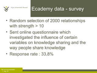 Ecademy data - survey Random selection of 2000 relationships with strength > 10 Sent online questionnaire which investigated the influence of certain variables on knowledge sharing and the way people share knowledge Response rate : 33,8% 