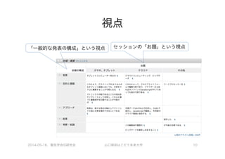2014-05-16、電気学会IS研究会 山口琢@はこだて未来大学 10
視点
セッションの「お題」という視点「一般的な発表の構成」という視点
 