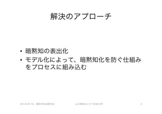 解決のアプローチ
•  暗黙知の表出化
•  モデル化によって、暗黙知化を防ぐ仕組み
をプロセスに組み込む
2014-05-16、電気学会IS研究会 山口琢@はこだて未来大学 3
 
