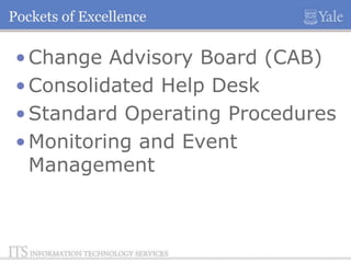 Pockets of Excellence

• Change Advisory Board (CAB)
• Consolidated Help Desk
• Standard Operating Procedures
• Monitoring and Event
Management

 