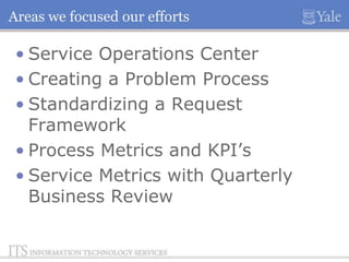 Areas we focused our efforts

• Service Operations Center
• Creating a Problem Process
• Standardizing a Request
Framework
• Process Metrics and KPI’s
• Service Metrics with Quarterly
Business Review

 