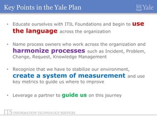 Key Points in the Yale Plan
• Educate ourselves with ITIL Foundations and begin to

the language

use

across the organization

• Name process owners who work across the organization and

harmonize processes

such as Incident, Problem,
Change, Request, Knowledge Management
• Recognize that we have to stabilize our environment,

create a system of measurement
key metrics to guide us where to improve

• Leverage a partner to guide us on this journey

and use

 