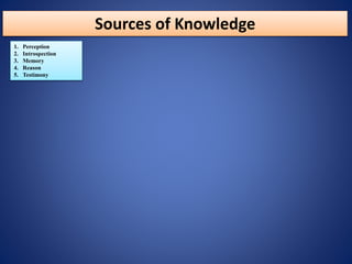 Sources of Knowledge
1. Perception
2. Introspection
3. Memory
4. Reason
5. Testimony
 