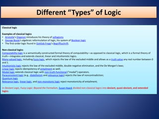 Different “Types” of Logic
Classical logic
Examples of classical logics
• Aristotle's Organon introduces his theory of syllogisms
• George Boole's algebraic reformulation of logic, his system of Boolean logic
• The first-order logic found in Gottlob Frege's Begriffsschrift.
Non-classical logics
Computability logic is a semantically constructed formal theory of computability—as opposed to classical logic, which is a formal theory of
truth—integrates and extends classical, linear and intuitionistic logics.
Many-valued logic, including fuzzy logic, which rejects the law of the excluded middle and allows as a truth value any real number between 0
and 1.
Intuitionistic logic rejects the law of the excluded middle, double negative elimination, and the De Morgan's laws;
Linear logic rejects idempotency of entailment as well;
Modal logic extends classical logic with non-truth-functional ("modal") operators.
Paraconsistent logic (e.g., dialetheism and relevance logic) rejects the law of noncontradiction;
Quantum logic
Relevance logic, linear logic, and non-monotonic logic reject monotonicity of entailment;
In Deviant Logic, Fuzzy Logic: Beyond the Formalism, Susan Haack divided non-classical logics into deviant, quasi-deviant, and extended
logics.
 