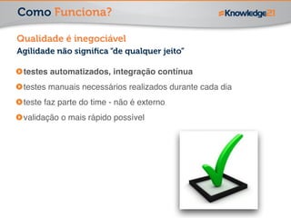 Como Funciona? 
Qualidade é inegociável 
Agilidade não significa “de qualquer jeito” 
testes automatizados, integração contínua! 
testes manuais necessários realizados durante cada dia! 
teste faz parte do time - não é externo! 
validação o mais rápido possível 
 