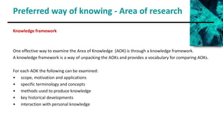 Preferred way of knowing - Area of research
Knowledge framework
One effective way to examine the Area of Knowledge (AOK) is through a knowledge framework.
A knowledge framework is a way of unpacking the AOKs and provides a vocabulary for comparing AOKs.
For each AOK the following can be examined:
• scope, motivation and applications
• specific terminology and concepts
• methods used to produce knowledge
• key historical developments
• interaction with personal knowledge
 