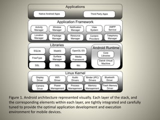 Figure 1. Android architecture represented visually. Each layer of the stack, and
the corresponding elements within each layer, are tightly integrated and carefully
tuned to provide the optimal application development and execution
environment for mobile devices.
 