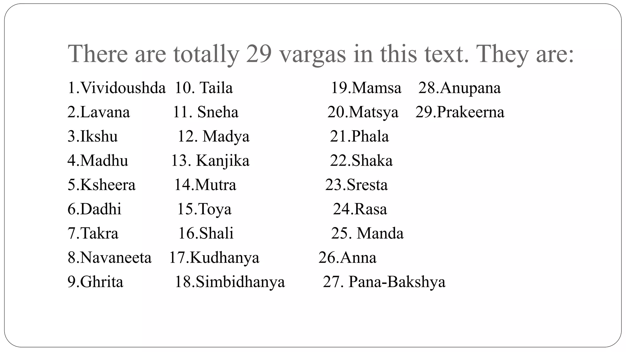 There are totally 29 vargas in this text. They are:
1.Vividoushda 10. Taila 19.Mamsa 28.Anupana
2.Lavana 11. Sneha 20.Matsya 29.Prakeerna
3.Ikshu 12. Madya 21.Phala
4.Madhu 13. Kanjika 22.Shaka
5.Ksheera 14.Mutra 23.Sresta
6.Dadhi 15.Toya 24.Rasa
7.Takra 16.Shali 25. Manda
8.Navaneeta 17.Kudhanya 26.Anna
9.Ghrita 18.Simbidhanya 27. Pana-Bakshya
 