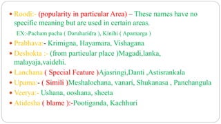 Roodi:- (popularity in particular Area) – These names have no
specific meaning but are used in certain areas.
EX:-Pacham pacha ( Daruharidra ), Kinihi ( Apamarga )
 Prabhava:- Krimigna, Hayamara, Vishagana
 Deshokta :- (from particular place )Magadi,lanka,
malayaja,vaidehi.
 Lanchana ( Special Feature )Ajasringi,Danti ,Astisrankala
 Upama:- ( Simili )Meshalochana, vanari, Shukanasa , Panchangula
 Veerya:- Ushana, ooshana, sheeta
 Atidesha ( blame ):-Pootiganda, Kachhuri
 