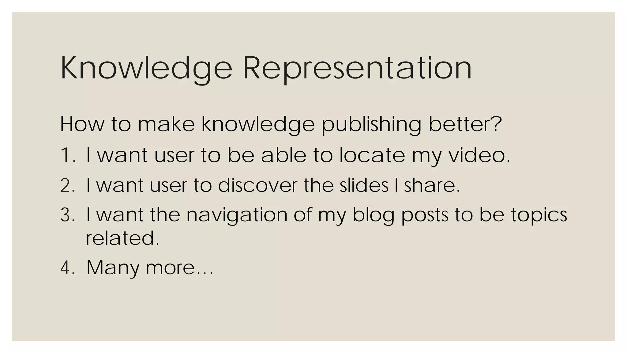 Knowledge Representation
How to make knowledge publishing better?
1. I want user to be able to locate my video.
2. I want user to discover the slides I share.
3. I want the navigation of my blog posts to be topics
related.
4. Many more…
 