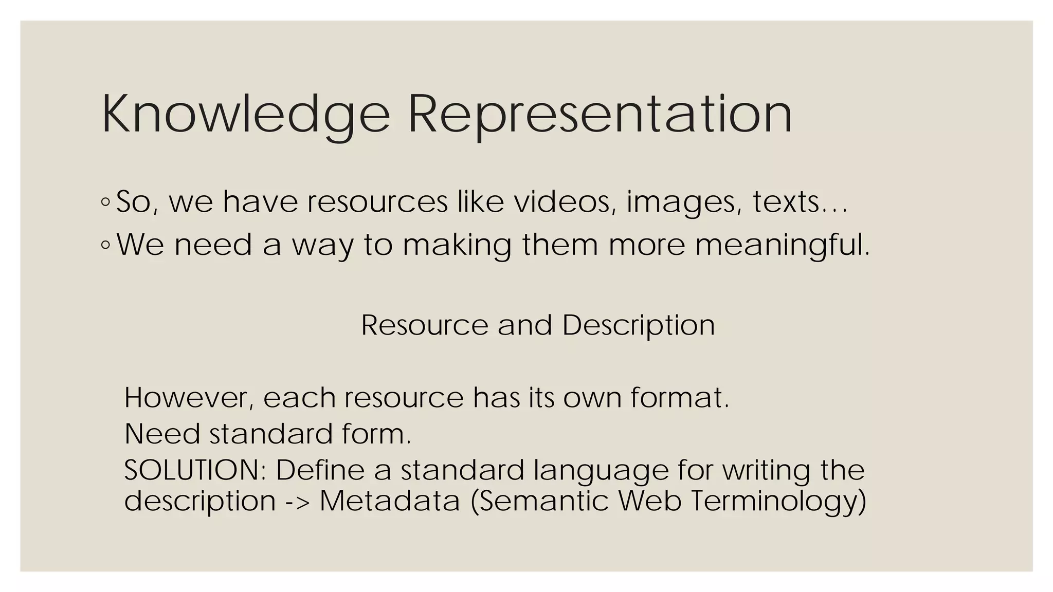 Knowledge Representation
◦ So, we have resources like videos, images, texts…
◦ We need a way to making them more meaningful.
Resource and Description
However, each resource has its own format.
Need standard form.
SOLUTION: Define a standard language for writing the
description -> Metadata (Semantic Web Terminology)
 