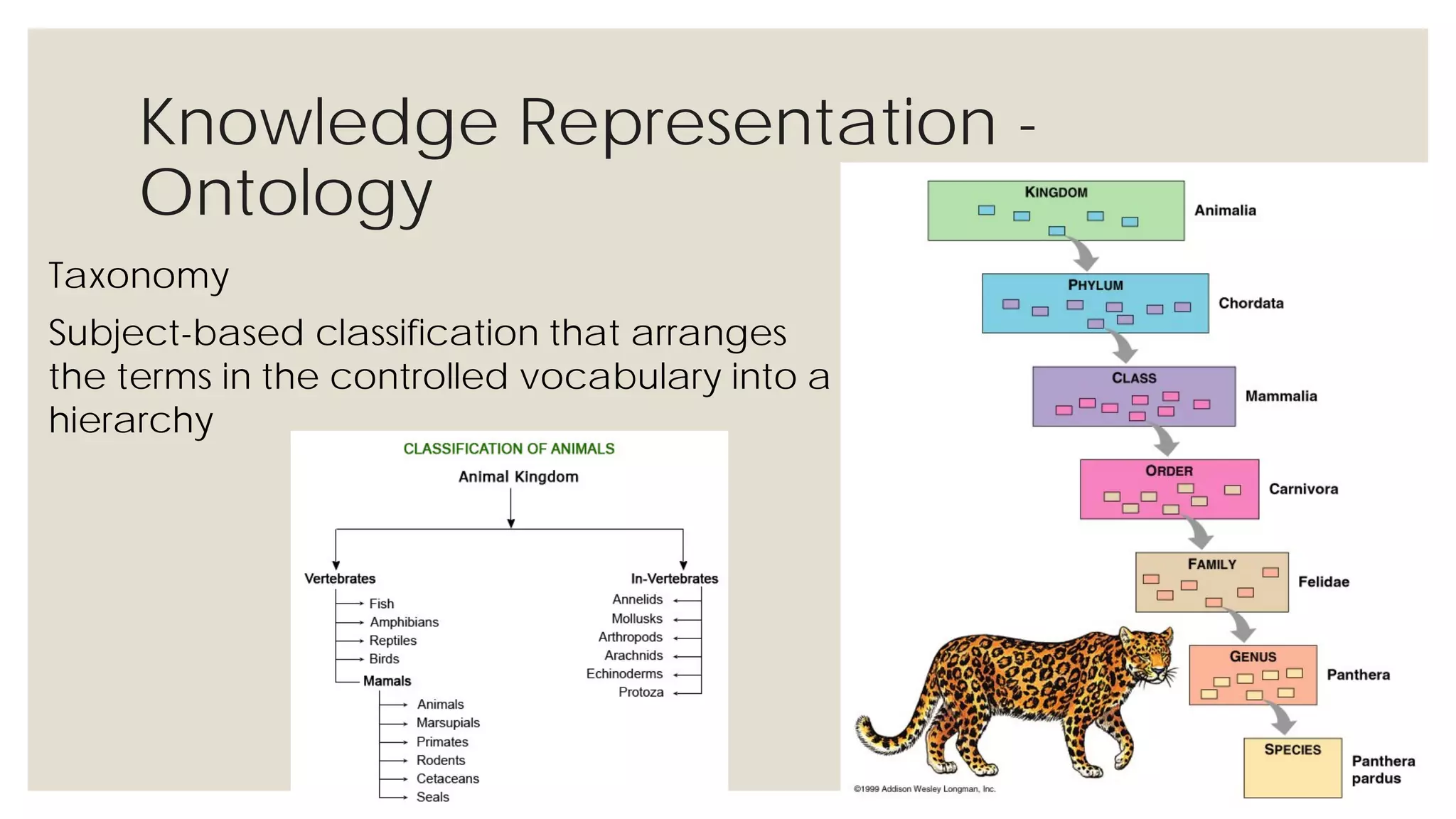 Knowledge Representation - Ontology
Taxonomy
Subject-based classification that arranges the
terms in the controlled vocabulary into a
hierarchy
 
