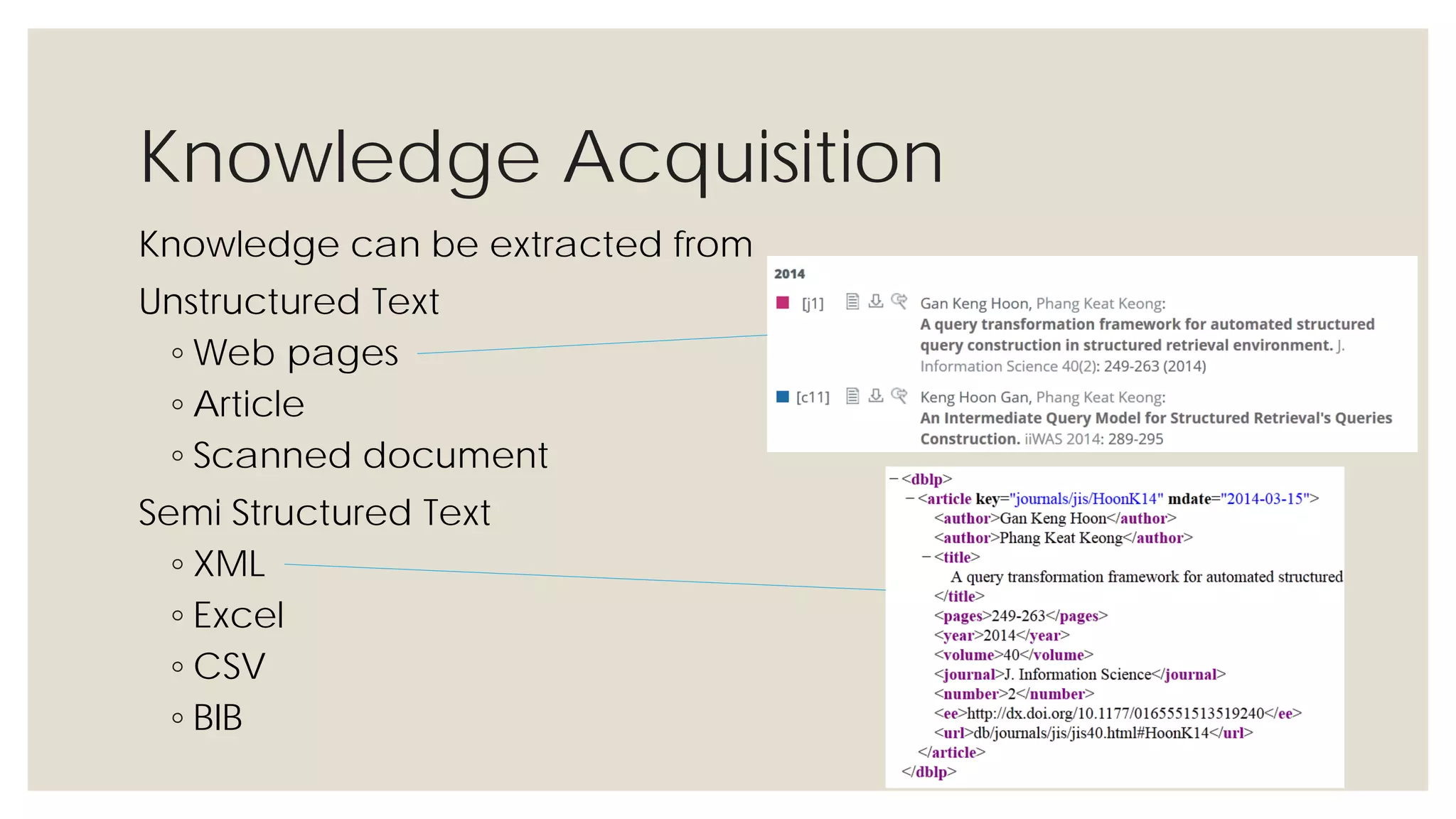 Knowledge Acquisition
Knowledge can be extracted from
Unstructured Text
◦ Web pages
◦ Article
◦ Scanned document
Semi Structured Text
◦ XML
◦ Excel
◦ CSV
◦ BIB
 