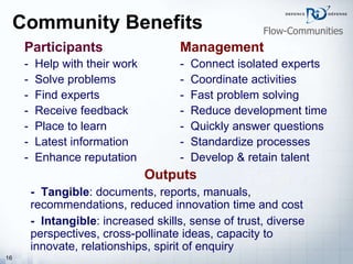 Community Benefits Participants -   Help with   their work -  Solve problems -  Find experts -  Receive feedback -  Place to learn -  Latest information -  Enhance reputation Management -  Connect isolated experts -  Coordinate activities -  Fast problem solving -  Reduce development time -  Quickly answer questions -  Standardize processes -  Develop & retain talent Outputs -  Tangible : documents, reports, manuals, recommendations, reduced innovation time and cost -  Intangible : increased skills, sense of trust, diverse perspectives, cross-pollinate ideas, capacity to innovate, relationships, spirit of enquiry Flow-Communities 