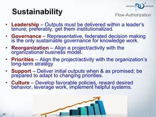 Sustainability Leadership   – Outputs must be delivered within a leader’s tenure; preferably, get them institutionalized.   Governance   – Representative, federated decision making is the only sustainable governance for knowledge work. Reorganization  – Align a project/activity with the organizational business model.   Priorities   – Align the project/activity with the organization’s long-term strategy Support   – Deliver initial outputs when & as promised; be prepared to adapt to changing priorities. Culture   – Develop favorable policies, reward desired behavior, leverage work, implement helpful systems. Flow-Authorization 