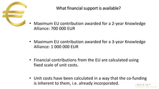 What financial support is available?
• Maximum EU contribution awarded for a 2-year Knowledge
Alliance: 700 000 EUR
• Maximum EU contribution awarded for a 3-year Knowledge
Alliance: 1 000 000 EUR
• Financial contributions from the EU are calculated using
fixed scale of unit costs.
• Unit costs have been calculated in a way that the co-funding
is inherent to them, i.e. already incorporated.
 