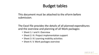 Budget tables
This document must be attached to the eForm before
submission.
The Excel file provides the details of all planned expenditures
and the overview and planning of all Work packages:
• Sheet 1: I and II. Overview
• Sheet 2: III. Project implementation support
• Sheet 3: IV. Learning mobility activities
• Sheet 4. V. Work packages overview
 