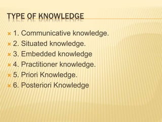 TYPE OF KNOWLEDGE
 1. Communicative knowledge.
 2. Situated knowledge.
 3. Embedded knowledge
 4. Practitioner knowledge.
 5. Priori Knowledge.
 6. Posteriori Knowledge
 