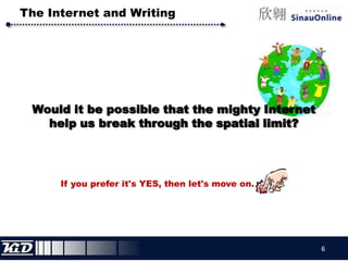 The Internet and WritingWould it be possible that the mighty Internet help us break through the spatial limit?If you prefer it's YES, then let's move on.6