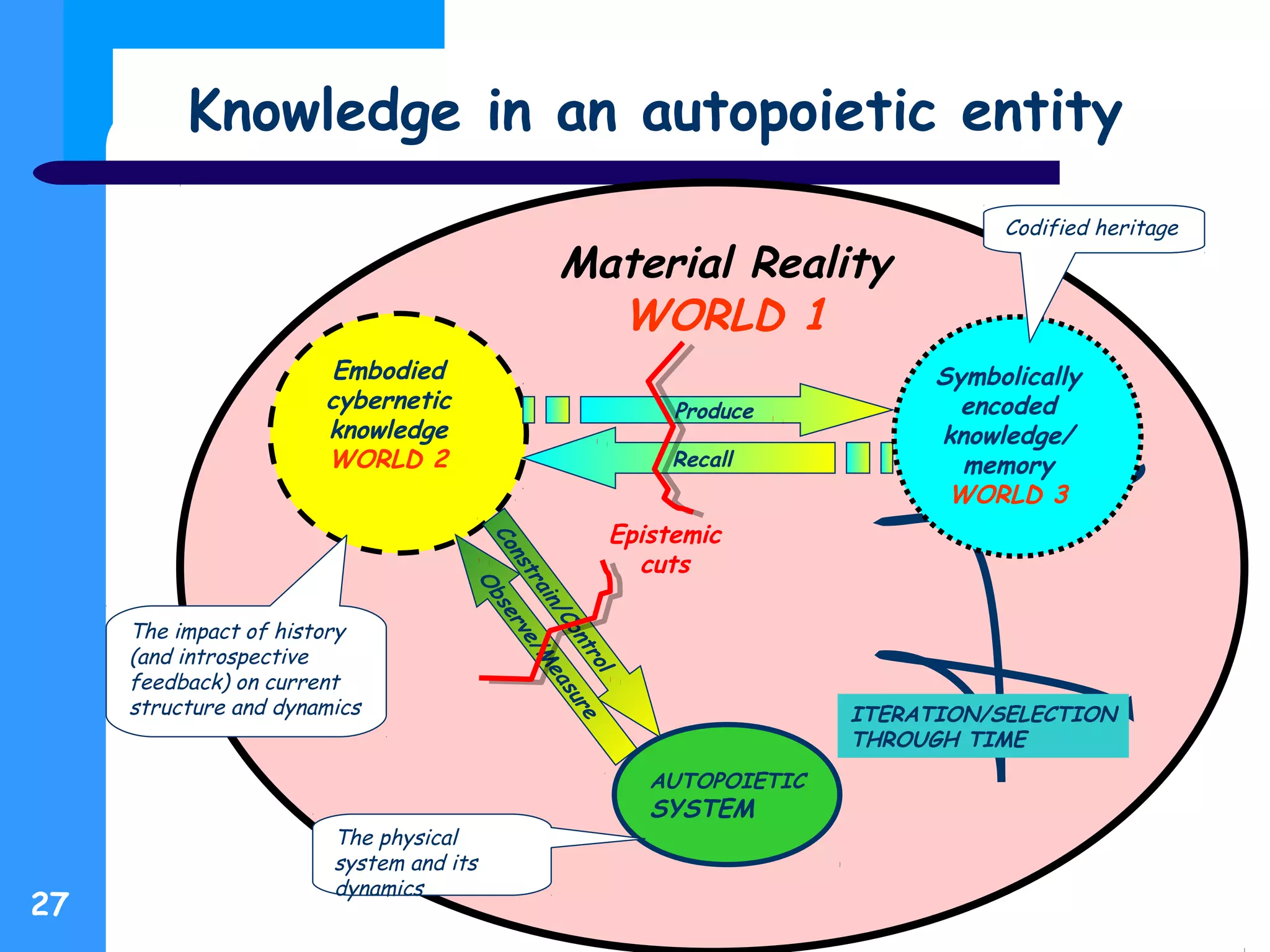 Knowledge in an autopoietic entity
27
Material Reality
WORLD 1
AUTOPOIETIC
SYSTEM
Embodied
cybernetic
knowledge
WORLD 2
Constrain/Control
Observe/M
easure
Recall
ITERATION/SELECTION
THROUGH TIME
Produce
Symbolically
encoded
knowledge/
memory
WORLD 3
The physical
system and its
dynamics
The impact of history
(and introspective
feedback) on current
structure and dynamics
Codified heritage
Epistemic
cuts
 