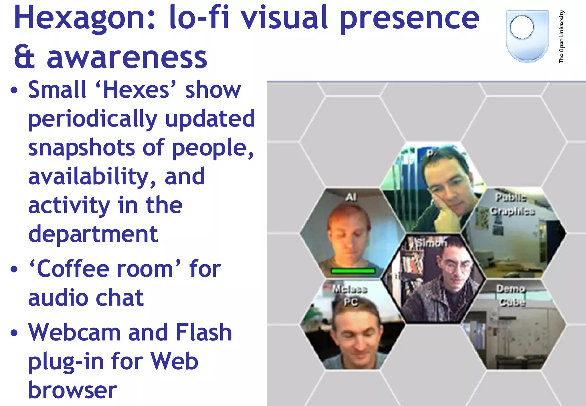 Hexagon: lo-fi visual presence & awareness Small ‘Hexes’ show periodically updated snapshots of people, availability, and activity in the department ‘ Coffee room’ for audio chat Webcam and Flash plug-in for Web browser 
