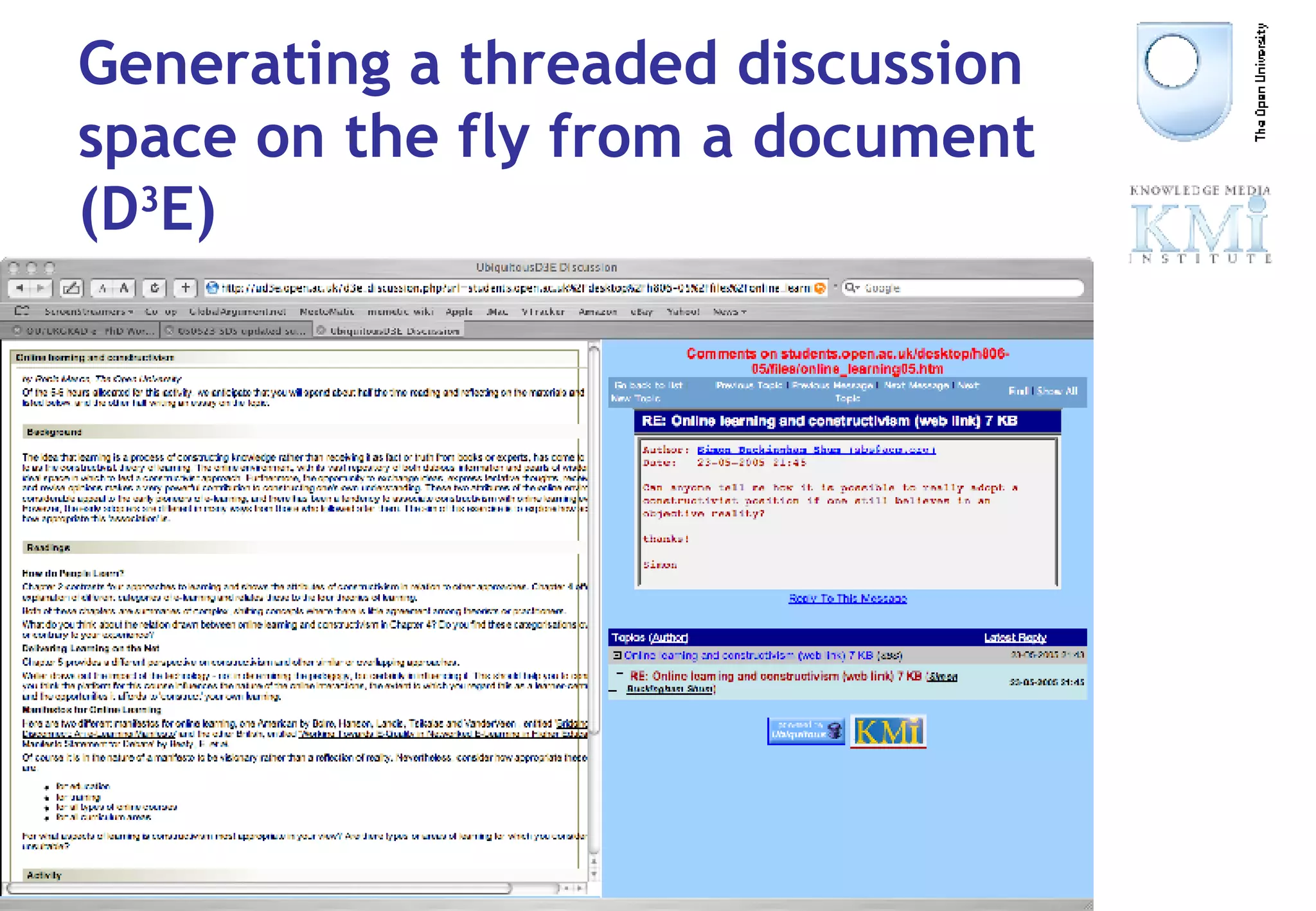 Generating a threaded discussion space on the fly from a document (D 3 E) 
