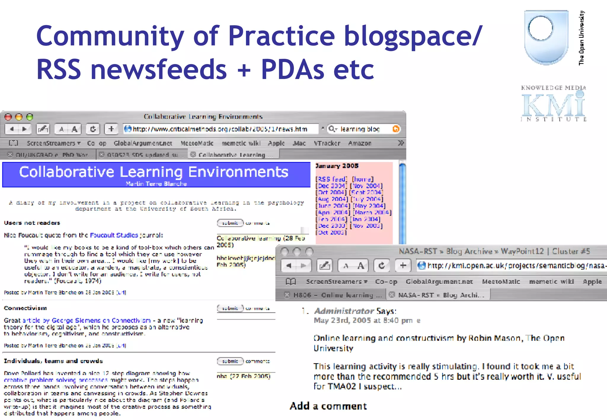 Community of Practice blogspace/ RSS newsfeeds + PDAs etc 