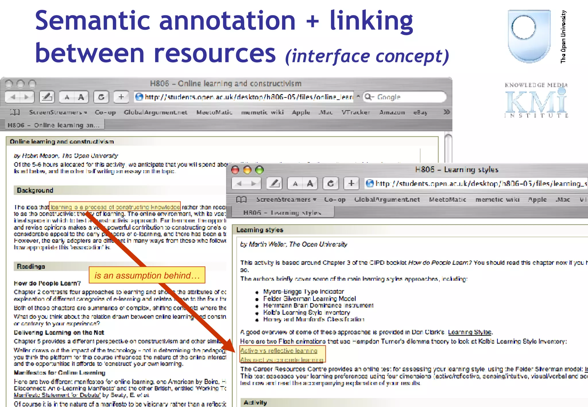 Semantic annotation + linking between resources  (interface concept) is an assumption behind… 