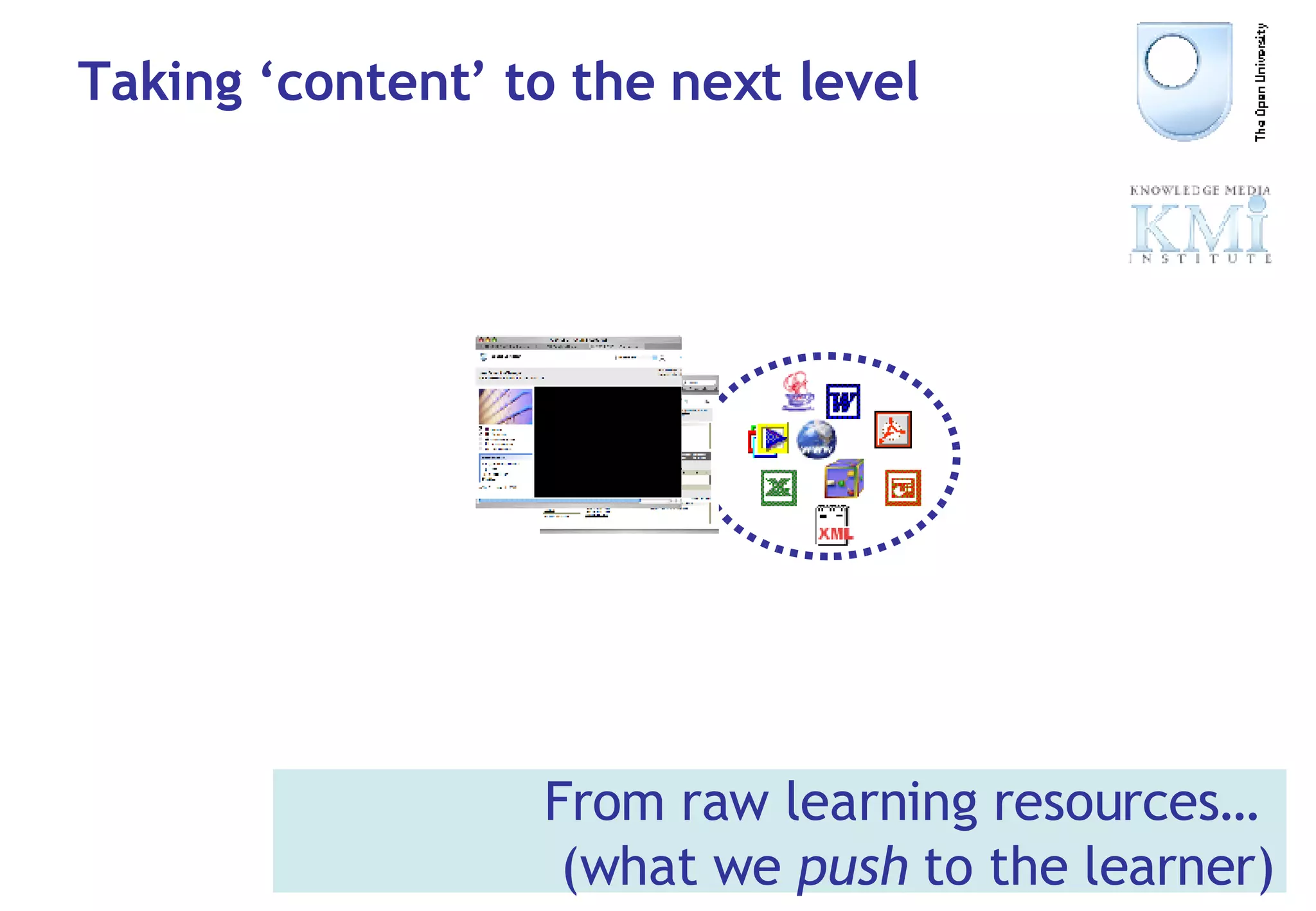 Taking ‘content’ to the next level From raw learning resources…  (what we  push  to the learner) 