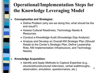 6
Operational/Implementation Steps for
the Knowledge Leveraging Model
 Conceptualize and Strategize:
Define Problem (why are we doing this; what should be the
end result?)
Assess Cultural Readiness, Technology Needs &
Resources
Conduct a Knowledge Audit (Knowledge Gap Analysis)
Analyze and Develop an Overall KM Strategic Plan (Should
Relate to the Center’s Strategic Plan; Define Leadership
Role, KM Implementation Infrastructure, and Technology
Needs)
 Knowledge Acquisition:
Identify and Apply Methods to Capture Expertise (e.g.,
structured/unstructured interviews, verbal walkthroughs,
observation, simulation, questionnaires, etc.)
 