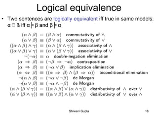 Logical equivalence
• Two sentences are logically equivalent iff true in same models:
α ≡ ß iff α╞ β and β╞ α
Shiwani Gupta 18
 