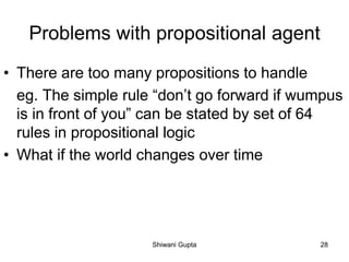Problems with propositional agent
• There are too many propositions to handle
eg. The simple rule “don’t go forward if wumpus
is in front of you” can be stated by set of 64
rules in propositional logic
• What if the world changes over time
Shiwani Gupta 28
 