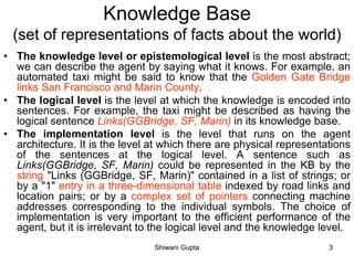 Knowledge Base
(set of representations of facts about the world)
• The knowledge level or epistemological level is the most abstract;
we can describe the agent by saying what it knows. For example, an
automated taxi might be said to know that the Golden Gate Bridge
links San Francisco and Marin County.
• The logical level is the level at which the knowledge is encoded into
sentences. For example, the taxi might be described as having the
logical sentence Links(GGBridge, SF, Marin) in its knowledge base.
• The implementation level is the level that runs on the agent
architecture. It is the level at which there are physical representations
of the sentences at the logical level. A sentence such as
Links(GGBridge, SF, Marin) could be represented in the KB by the
string "Links (GGBridge, SF, Marin)" contained in a list of strings; or
by a "1" entry in a three-dimensional table indexed by road links and
location pairs; or by a complex set of pointers connecting machine
addresses corresponding to the individual symbols. The choice of
implementation is very important to the efficient performance of the
agent, but it is irrelevant to the logical level and the knowledge level.
Shiwani Gupta 3
 