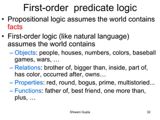 First-order predicate logic
• Propositional logic assumes the world contains
facts
• First-order logic (like natural language)
assumes the world contains
– Objects: people, houses, numbers, colors, baseball
games, wars, …
– Relations: brother of, bigger than, inside, part of,
has color, occurred after, owns…
– Properties: red, round, bogus, prime, multistoried...
– Functions: father of, best friend, one more than,
plus, …
Shiwani Gupta 32
 