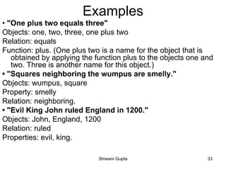 Examples
• "One plus two equals three"
Objects: one, two, three, one plus two
Relation: equals
Function: plus. (One plus two is a name for the object that is
obtained by applying the function plus to the objects one and
two. Three is another name for this object.)
• "Squares neighboring the wumpus are smelly."
Objects: wumpus, square
Property: smelly
Relation: neighboring.
• "Evil King John ruled England in 1200."
Objects: John, England, 1200
Relation: ruled
Properties: evil, king.
Shiwani Gupta 33
 