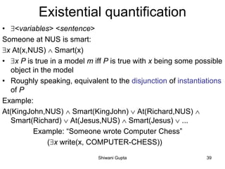 Existential quantification
• <variables> <sentence>
Someone at NUS is smart:
x At(x,NUS)  Smart(x)
• x P is true in a model m iff P is true with x being some possible
object in the model
• Roughly speaking, equivalent to the disjunction of instantiations
of P
Example:
At(KingJohn,NUS)  Smart(KingJohn)  At(Richard,NUS) 
Smart(Richard)  At(Jesus,NUS)  Smart(Jesus)  ...
Example: “Someone wrote Computer Chess”
(x write(x, COMPUTER-CHESS))
Shiwani Gupta 39
 