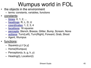 Wumpus world in FOL
• the objects in the environment
– terms: constants, variables, functions
• constants:
– times: 0, 1, 2, ...
– headings: R, L, D, U
– coordinates: 1, 2, 3, 4
– locations: 16 squares
– percepts: Stench, Breeze, Glitter, Bump, Scream, None
– actions: Turn(Left), Turn(Right), Forward, Grab, Shoot
– Agent, Wumpus
• functions:
– Square(x,y) // [x,y]
– Home(Wumpus)
– Perception(s, b, g, h, y)
– Heading(t), Location(t)
Shiwani Gupta 45
 