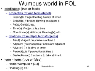 Wumpus world in FOL
• predicates: (true or false)
– properties (of one term/object)
• Breezy(t) // agent feeling breeze at time t
• Breeze(s) // breeze blowing on square s
• Pit(s), Gold(s), etc.
• Time(x) // object x is a time
• Coordinate(x), Action(x), Heading(x), etc.
– relations (of multiple terms/objects)
• At(s,t) // agent on square s at time t
• Adjacent (r,s) // squares r and s are adjacent
• Alive(x,t) // x is alive at time t
• Percept(p,t) // perception at time t
• BestAction(a,t) // action a to take at time t
• term = term: (true or false)
– Home(Wumpus) = [3,3]
– Heading(5) = U
Shiwani Gupta 46
 