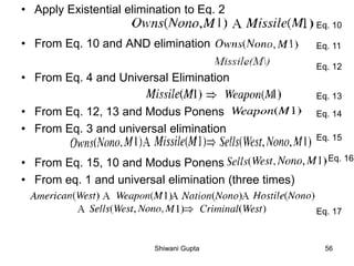 • Apply Existential elimination to Eq. 2
• From Eq. 10 and AND elimination
• From Eq. 4 and Universal Elimination
• From Eq. 12, 13 and Modus Ponens
• From Eq. 3 and universal elimination
• From Eq. 15, 10 and Modus Ponens
• From eq. 1 and universal elimination (three times)
Eq. 10
Eq. 11
Eq. 12
Eq. 13
Eq. 14
Eq. 15
Eq. 16
Eq. 17
Shiwani Gupta 56
 