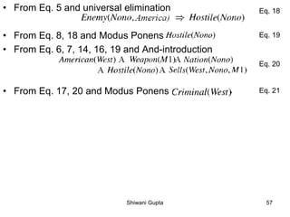 • From Eq. 5 and universal elimination
• From Eq. 8, 18 and Modus Ponens
• From Eq. 6, 7, 14, 16, 19 and And-introduction
• From Eq. 17, 20 and Modus Ponens
Eq. 18
Eq. 19
Eq. 20
Eq. 21
Shiwani Gupta 57
 