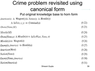 Crime problem revisited using
canonical form
Put original knowledge base to horn form
Shiwani Gupta 58
 